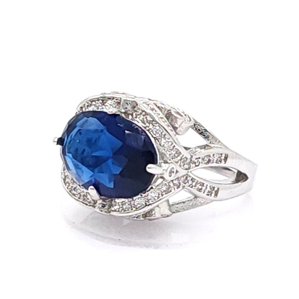 \Adjustable Oval Blue Crystal Cocktail Ring Silver‎ Tone